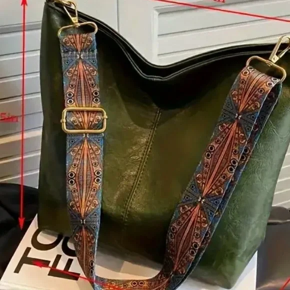 Brown Leather Hobo Bag With Bohemian Contrasting Strap Vegan Leather - Picture 6 of 8